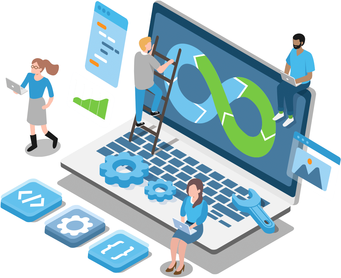 Isometric illustration of a team building software around a laptop showing a development cycle