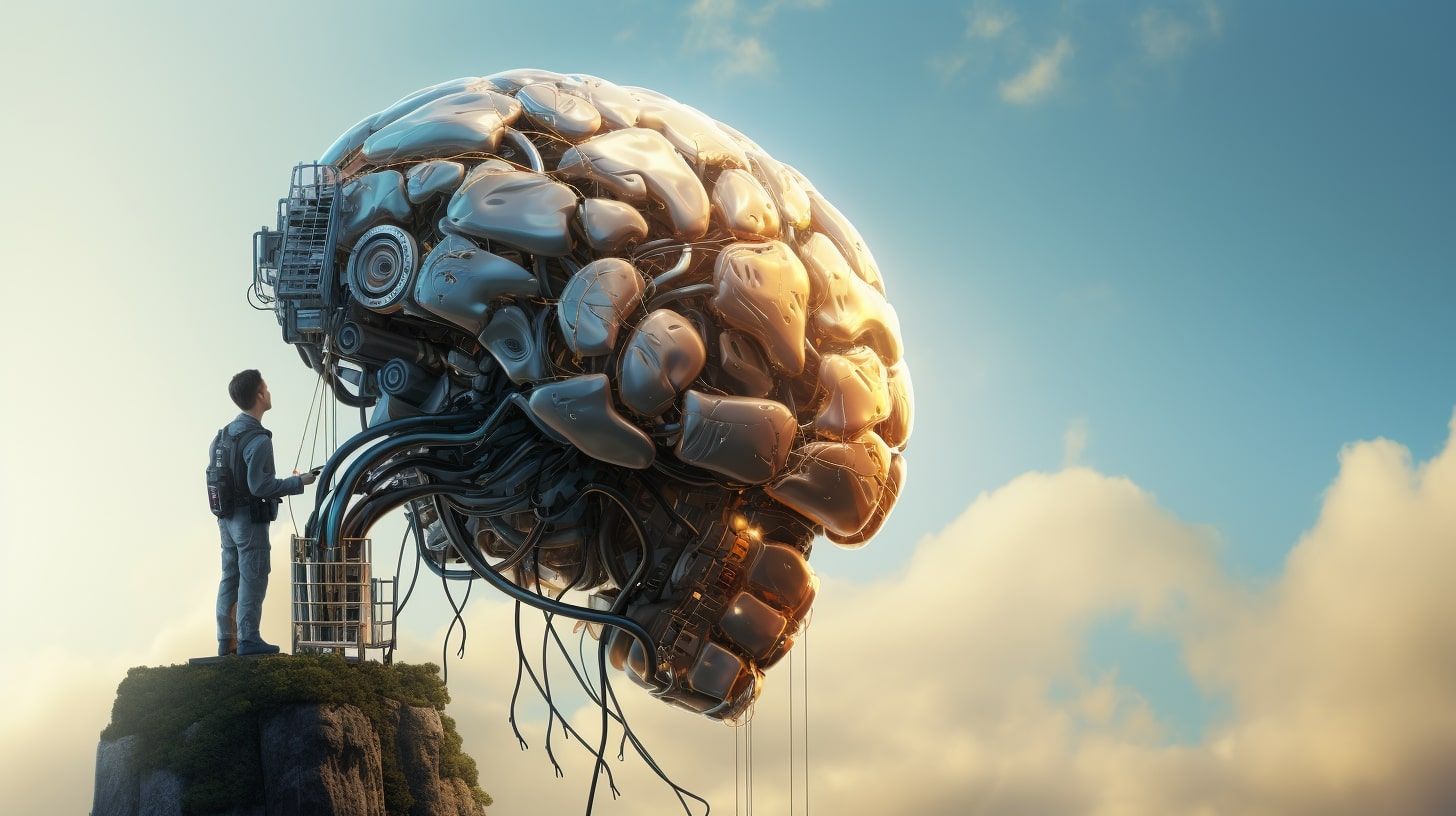 Person standing on a cliff looking up at a large mechanical brain in a bright sky